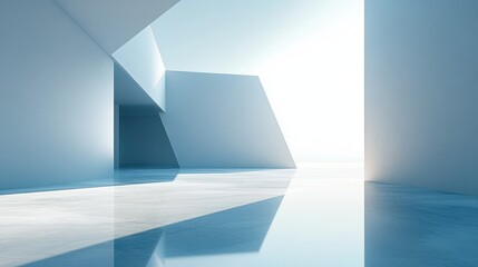 Minimalist architectural interior with clean white and blue geometric walls and reflective polished floor flooded by bright natural light