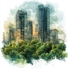 Obraz premium Watercolor Cityscape Lush Green Trees and Modern Highrises