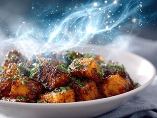 Magical Delicious Dish Served on White Ceramic Plate with Glowing Aromatic Steam Garnished Fresh Green Herbs and Succulent Golden Brown Spiced Cubes Gourmet Food Image
