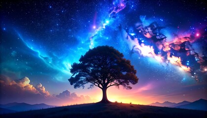 Lonely Tree with Cosmic Night Sky.