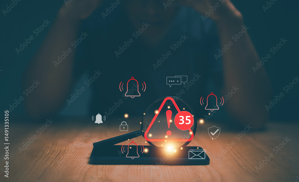 Poster Cyber security, Magnifying glass with caution warning sign and number of notification error maintenance and virus detected on smartphone, Ransomware, Hacker attacks. Detection dangerous worms.