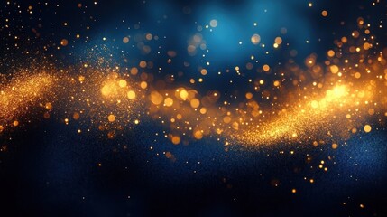 Obraz premium Abstract glowing golden particles scattered and swirling against a dark blue background creating a magical and sparkling effect