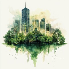 Obraz premium Watercolor Cityscape with Green Trees and Hazy Sky