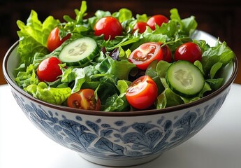 Fresh green salad with lettuce, cherry tomatoes, and cucumber slices in a decorative blue and white bowl on a white surface