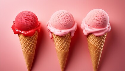 sweet delights in summer concept three scoops of strawberry ice cream in cones melting slightly on a soft pink background evoke the joy and sweetness of summer treats
