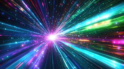 Bright colorful light beams radiating outward from a glowing central point against a dark background, evoking a sense of energy and motion