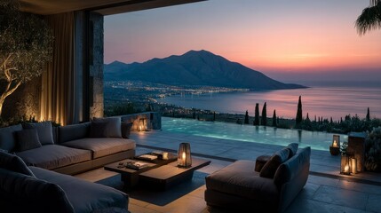Fototapeta premium Luxury Outdoor Living Space with Breathtaking Sunset and Mountain View