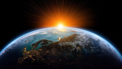 spectacular sunrise over earth space view isolated on black background copy space poster for ad radiant dawn sharp detail cosmic perspective