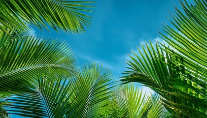 tropical palm leaves in vibrant green colors against a clear blue sky tropical palm leaves foliage tropical vibes