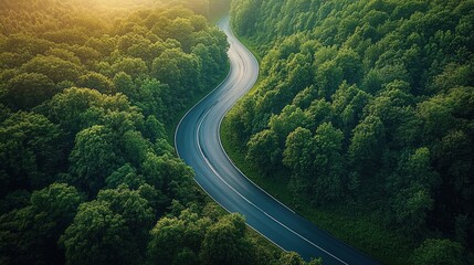 Winding road curving gently through dense green forest with sunlight casting a warm glow over the treetops