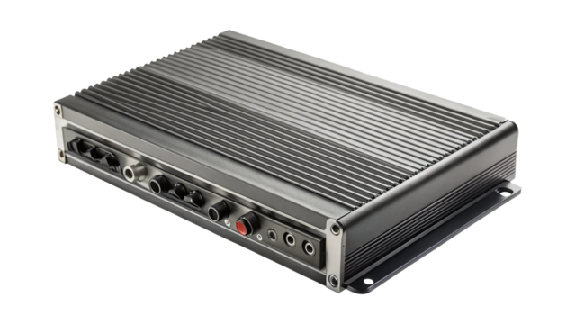 Metal audio amplifier with ribbed top and various inputs and outputs