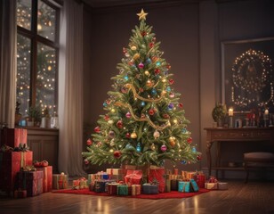 Ornate Christmas tree, vibrant lights, colorful gifts ,  silver,  gold