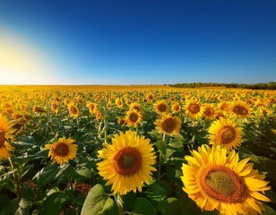 Obraz premium vibrant sunflowers in a vast field under a clear blue sky sunflowers field nature vibrant yellow sunny agriculture rural