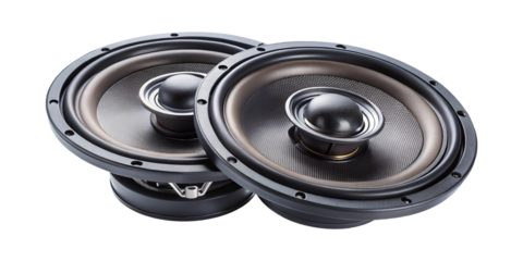 Two premium quality car audio speakers arranged artistically on a white background