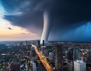 dramatic tornado approaches modern cityscape at twilight