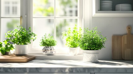Fototapeta premium Sunlit Kitchen Windowsill with Fresh Herbs in Pots