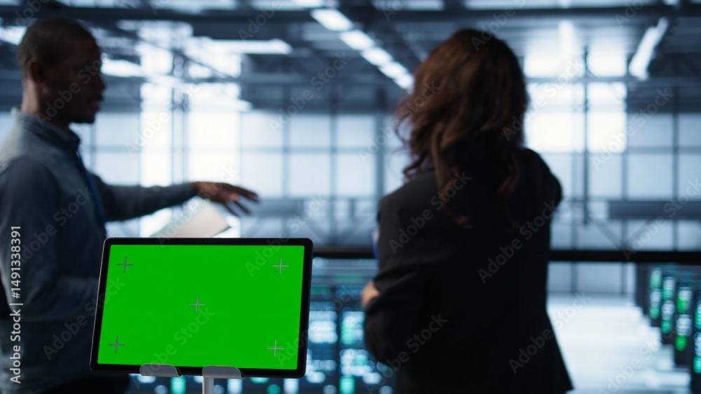 Poster close up of chroma key tablet next to server room data scientists conducting security audits, preven