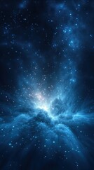 Naklejka premium Vast cosmic nebula with glowing blue gas clouds and numerous scattered bright stars in deep space