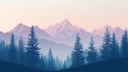 Serene mountain landscape at dawn, showcasing snow-capped peaks and a misty pine forest.