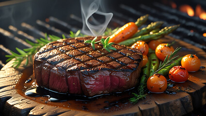 ultra-realistic ribeye steak with char marks, juicy texture, roasted veggies, and smoky grill ambiance