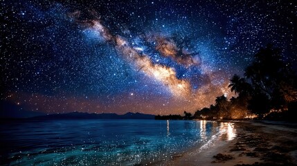 Majestic View of Milky Way Galaxy at Night Sky Reflecting Over Serene Ocean Landscape with Starry Constellations Illuminating Sandy Tropical Beach and Palm Tree Silhouettes