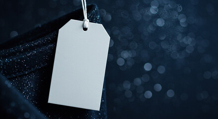 Blank white hang tag mockup with string on a dark blue background with subtle bokeh lights. This mockup is great for atmospheric product branding or elegant gift tag presentations.