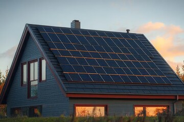 Fototapeta premium Modern house with solar panels on the roof reflecting sunset light in windows surrounded by trees under a clear sky