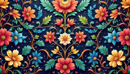 Intricate floral textile design, repeating motif, botanical, nature