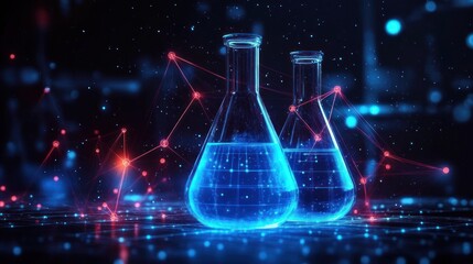 Two glowing laboratory flasks filled with blue liquid surrounded by a network of red and blue connected dots and lines suggesting futuristic scientific research