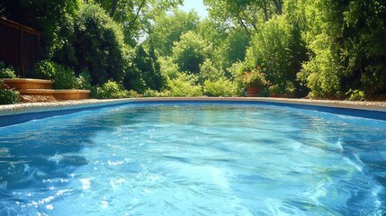 Fototapeta premium Clear blue swimming pool surrounded by lush green trees and plants under bright sunlight creating a peaceful and refreshing atmosphere