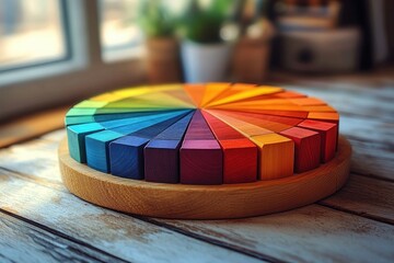 Fototapeta premium Colorful wooden blocks arranged in a circular rainbow pattern on a wooden table with soft natural light from a window