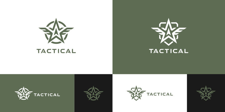 A clean and minimalist logo design with a military theme, incorporating a tactical shield and star symbol.