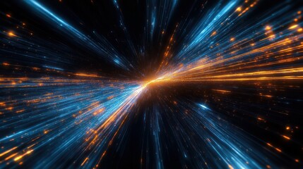 Naklejka premium Dynamic streams of blue and orange light particles radiating and converging inward, creating a vibrant and energetic visual effect resembling motion through a futuristic tunnel