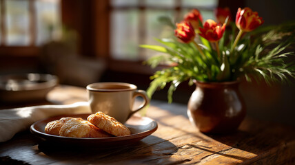 Mother’s Day brunch, freshly brewed coffee and pastries on a rustic table, soft morning light casting a warm glow
