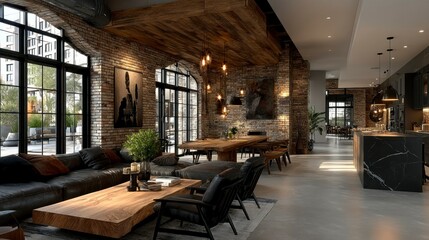 Modern Industrial Living Space with Exposed Brick Walls Wooden Ceiling and Stylish Furniture