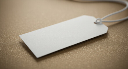 Blank white rectangular hang tag mockup with string on a beige or light brown textured fabric. This mockup is suitable for natural fiber branding, eco-friendly product tags, or minimalist retail prese