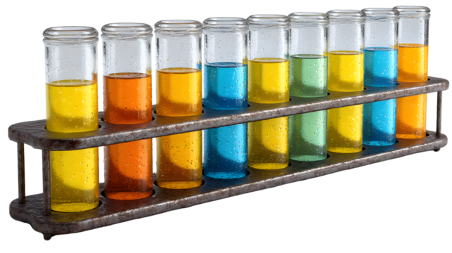 Colorful Test Tubes in Rusty Rack Science Experiment Lab Equipment