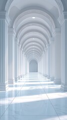 Elegant white hallway with arches, columns, and marble floor. Light streams in, creating a serene atmosphere. Perspective leads the eye to a distant vanishing point