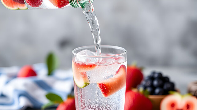 Fruit sparkling water is poured into a glass.