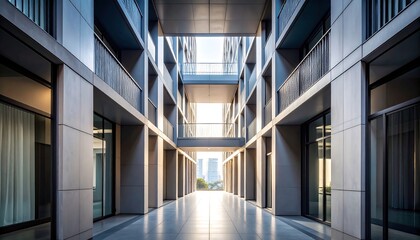 Fototapeta premium Modern building courtyard with city view.