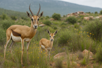 Naklejka premium Springbok family grazing in lush green landscape with distant mountains in the background during early morning hours