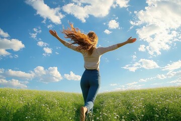Young woman with flowing hair joyfully running barefoot through a grassy field of wildflowers under a bright blue sky with scattered clouds