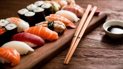 Delicious sushi with chopstick on the wooden board 