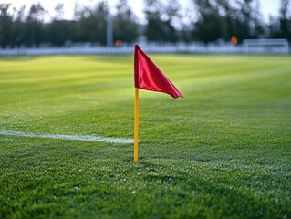 Obraz premium Red corner flag planted on well-maintained green soccer field with white markings under bright daylight and blurred trees in background