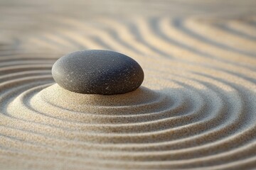 Smooth dark stone resting on fine sand with concentric curved patterns creating a serene and calming atmosphere