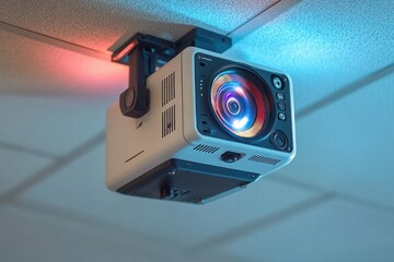 Ceiling mounted digital projector with colorful lens light reflecting red and blue hues in a modern indoor setting