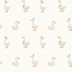 Watercolor seamless pattern with goose in hat