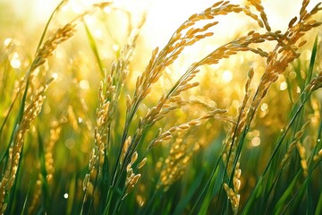 Close-up view of ripening golden rice plants illuminated by warm sunlight in a serene field