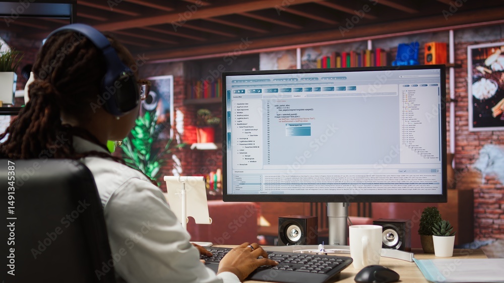 Aufkleber programmer wearing headphones types code into pc, developing software programs, entering commands. w