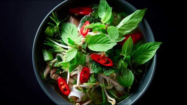 A vibrant bowl of pho with fresh herbs and chilies 